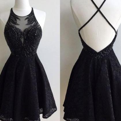 Beads Black Short Homecoming Dress With Criss..