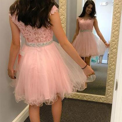 Cute A Line Round Neck Lace Short Prom Dress, Lace..