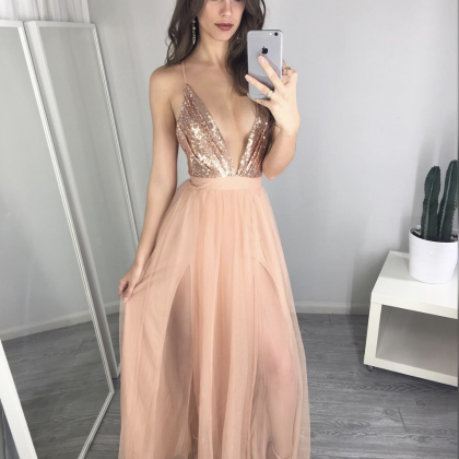 Spaghetti Strap Champagne Tulle Long Prom Dress..