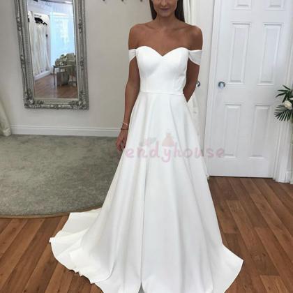 Simple Ivory Off The Shoulder Long Bridal Gown
