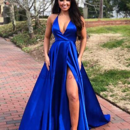 Royal Blue Halter Long Prom Evening Dress With..