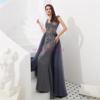 Elegant Grey Beaded Long Prom Dress With Open Back