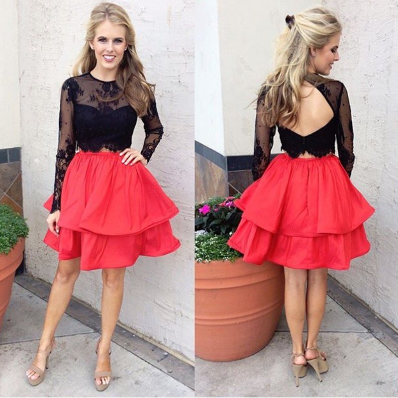 Two Piece Homecoming Dress, Black Lace Long Sleeves Homecoming Dress, Red Homecoming Dress
