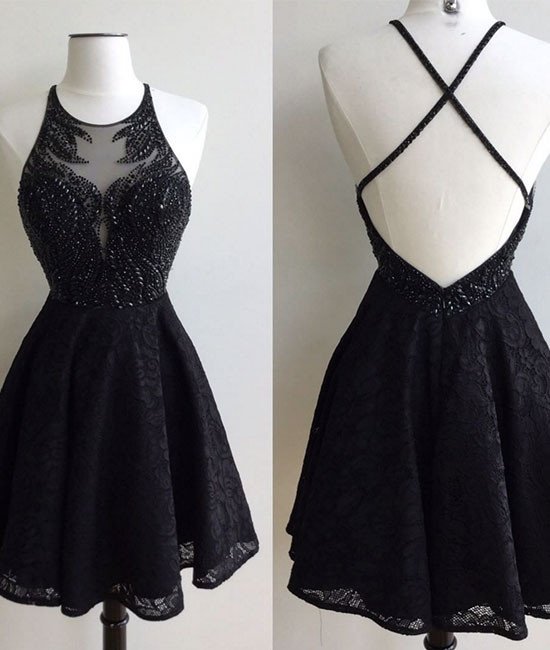 Beads Black Short Homecoming Dress With Criss Cross Back