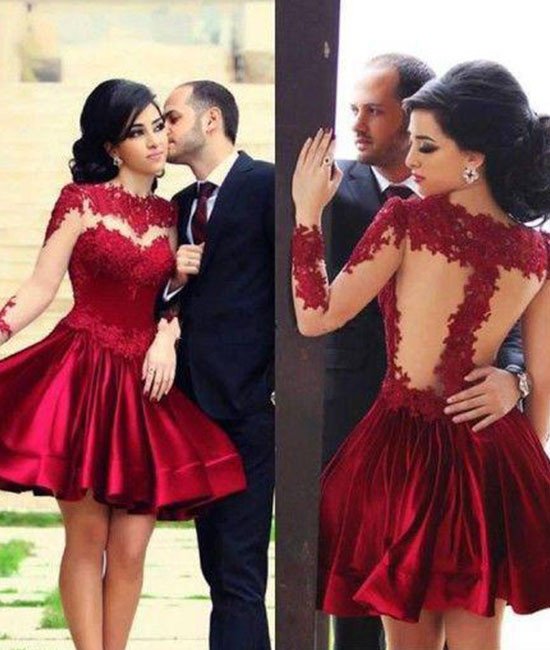 Long Sleeves Short Red Homecoming Dress Party Dress