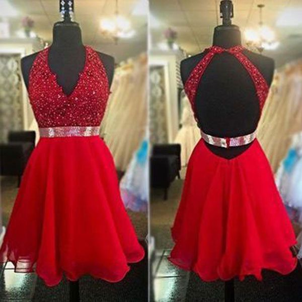 Short V Neck Red Backless Homecoming Dress With Belt on Luulla