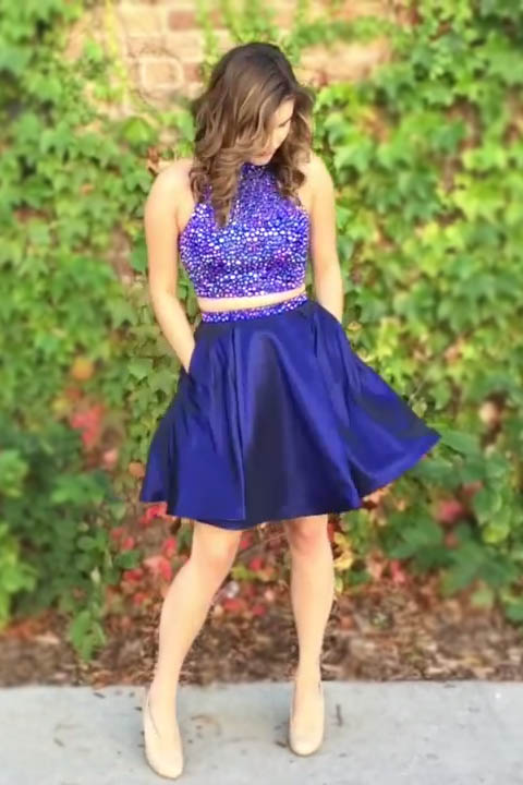 Two Piece Homecoming Dress, Royal Blue Homecoming Dress, 2017 Sparkly Homecoming Dress