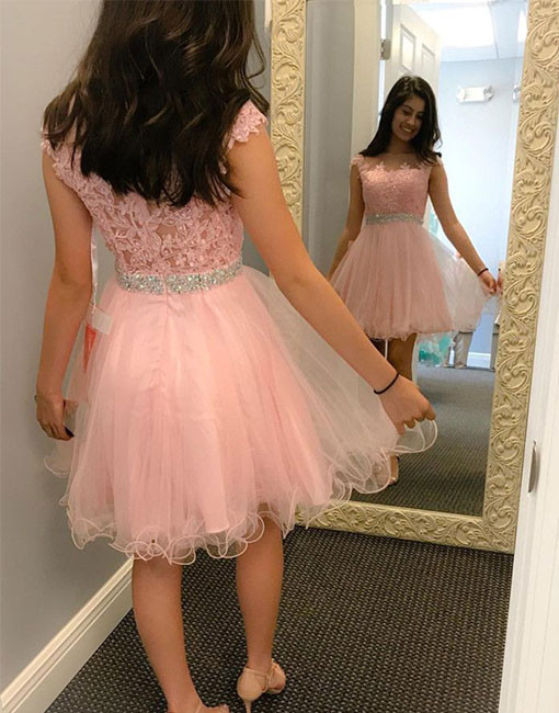 Cute A Line Round Neck Lace Short Prom Dress, Lace Homecoming Dress