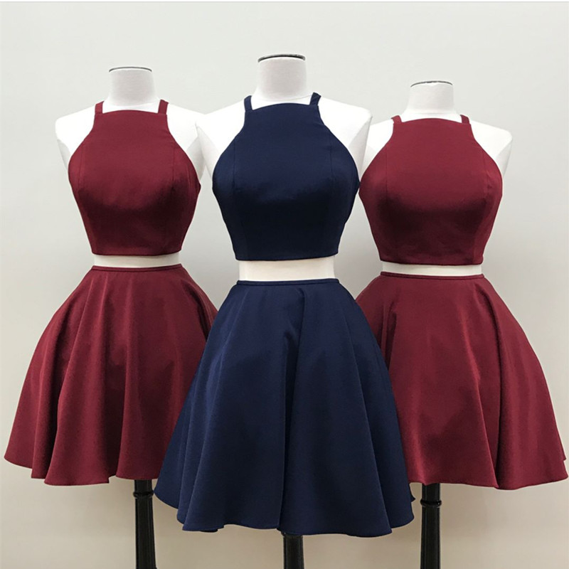 Burgundy Short Two Piece Dress, Two Piece Short Navy Blue