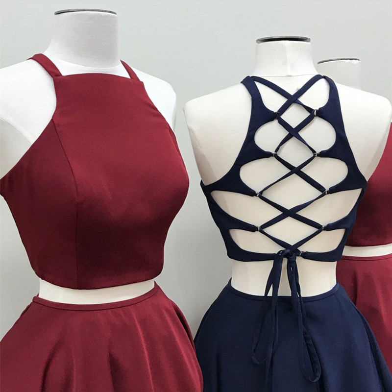 Burgundy Short Two Piece Dress, Two Piece Short Navy Blue