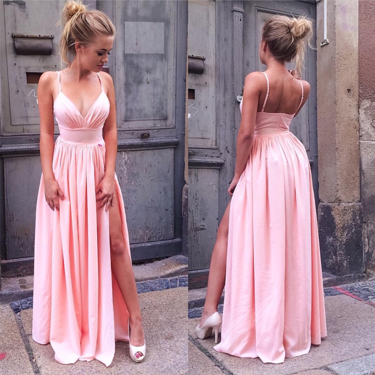 Simply Straps Pink Long Prom Dress With Slit