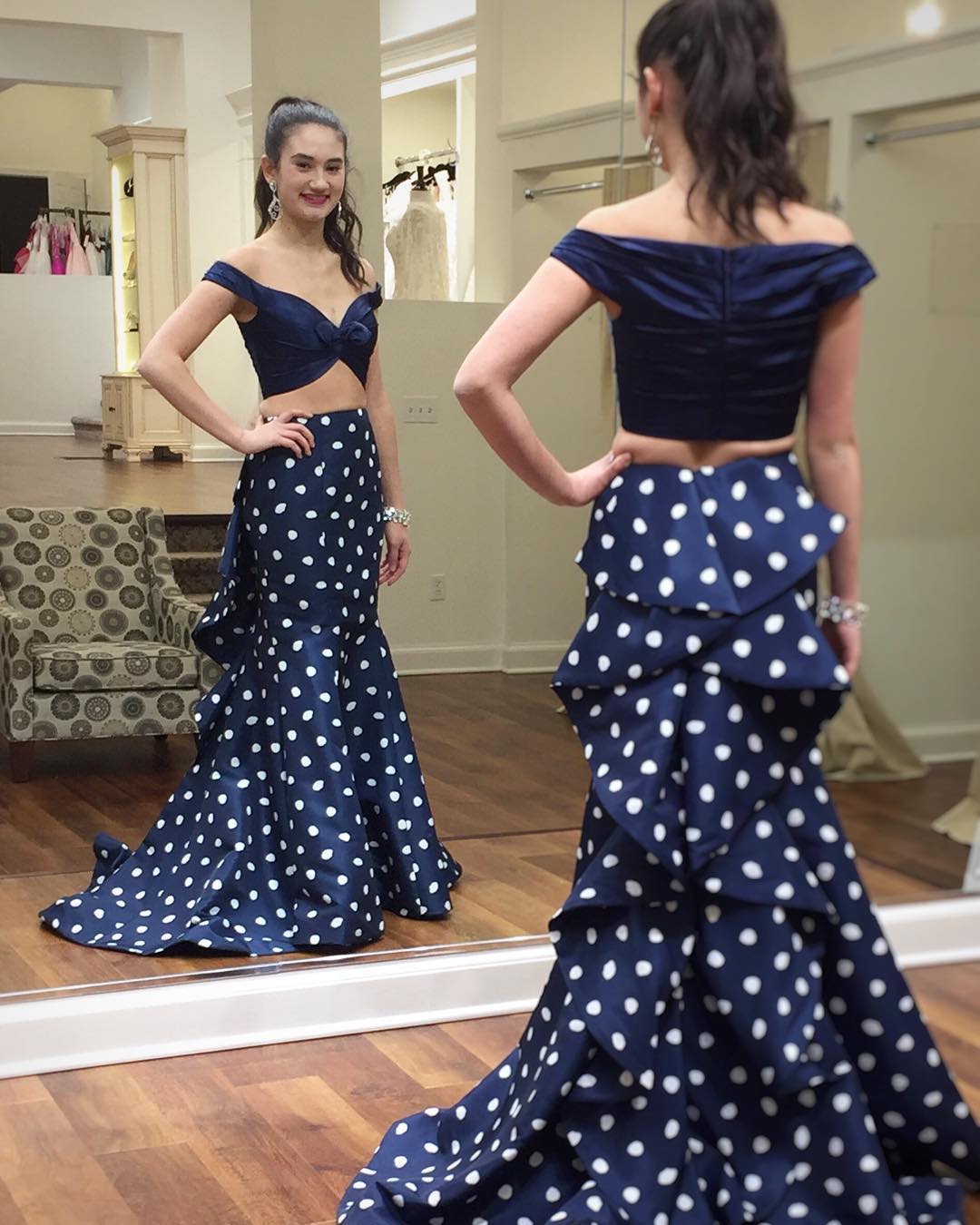 Two Piece Navy Blue Polk Dots Mermaid Long Prom Dress on Luulla
