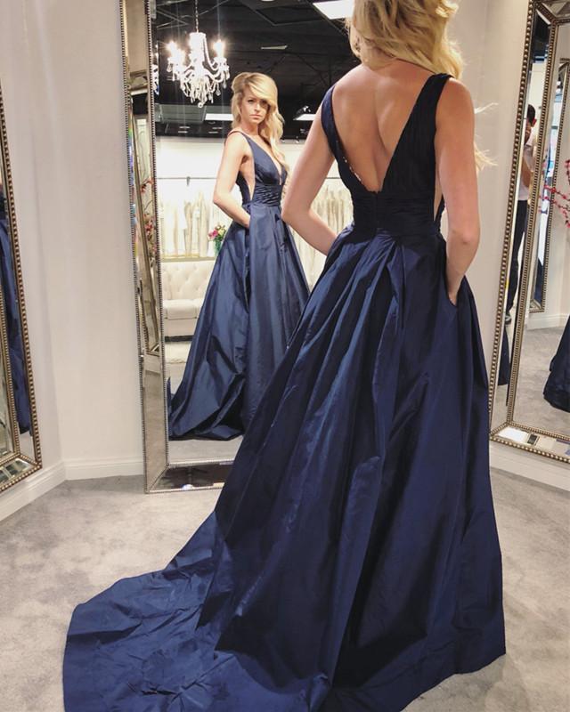 Gorgeous Deep V Neck Navy Blue Long Prom Dress On Luulla 