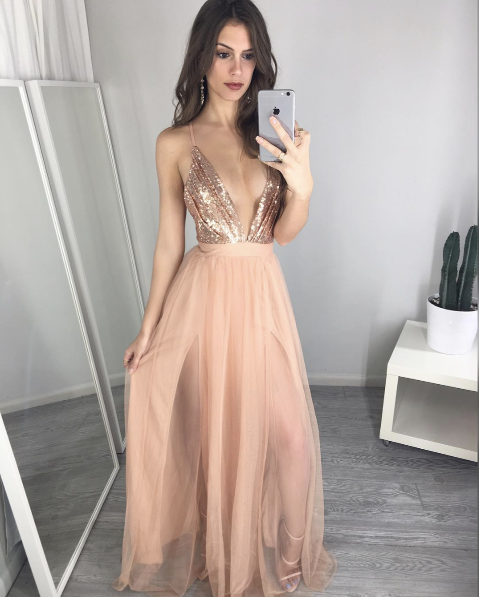 Spaghetti Strap Champagne Tulle Long Prom Dress With Sqquins