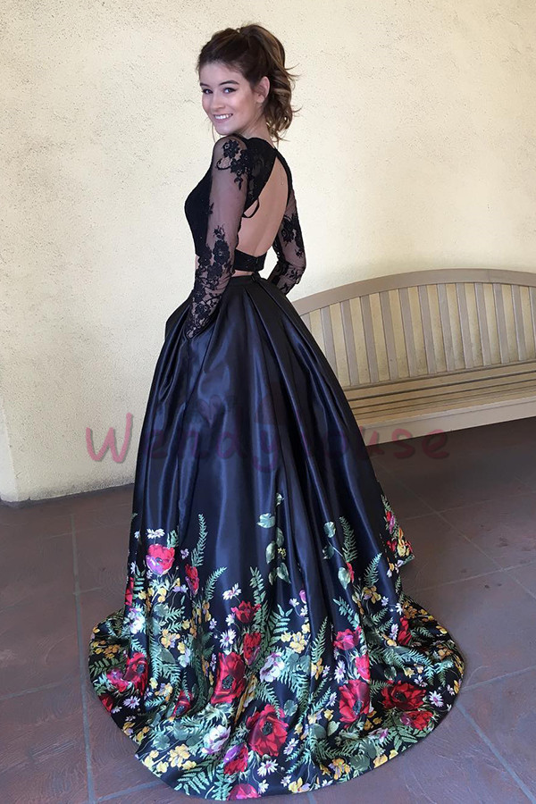 long sleeve floral prom dress