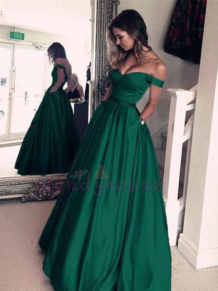 Emerald Green Off-shoulder Long Prom Dress With Pockets on Luulla