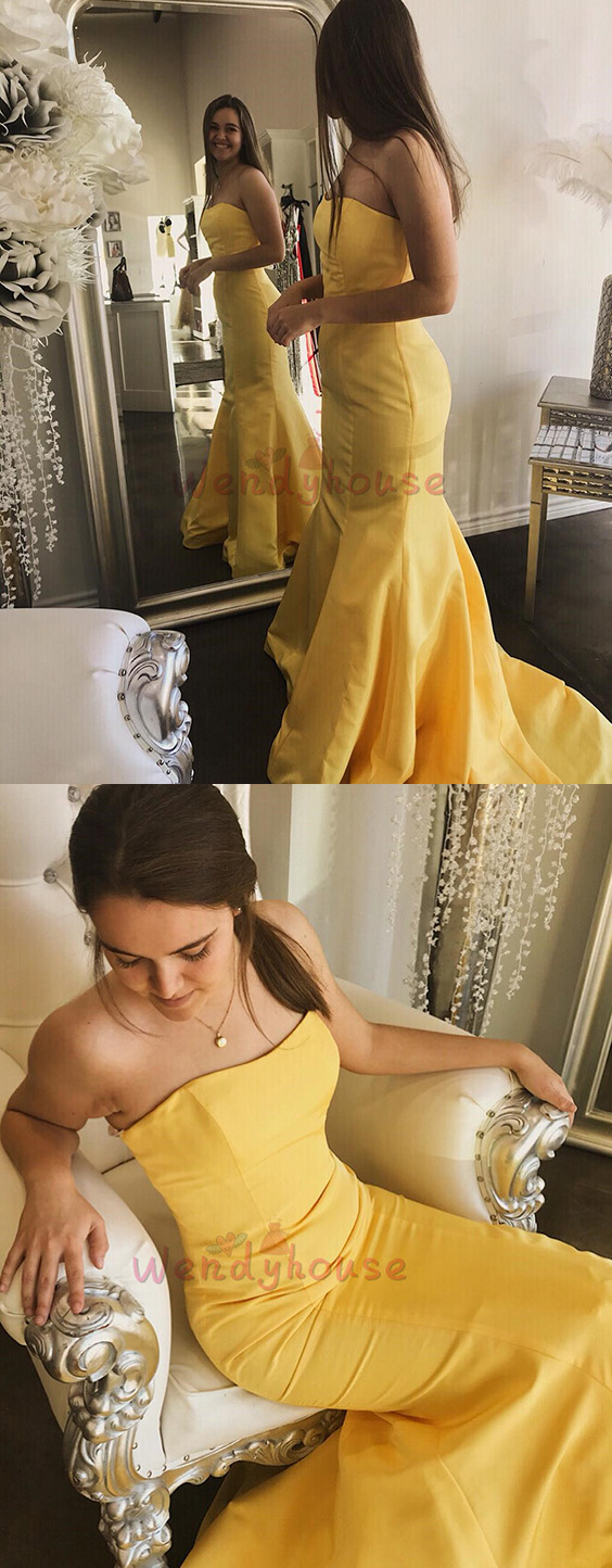Mermaid Yellow Strapless Long Prom Evening Dress