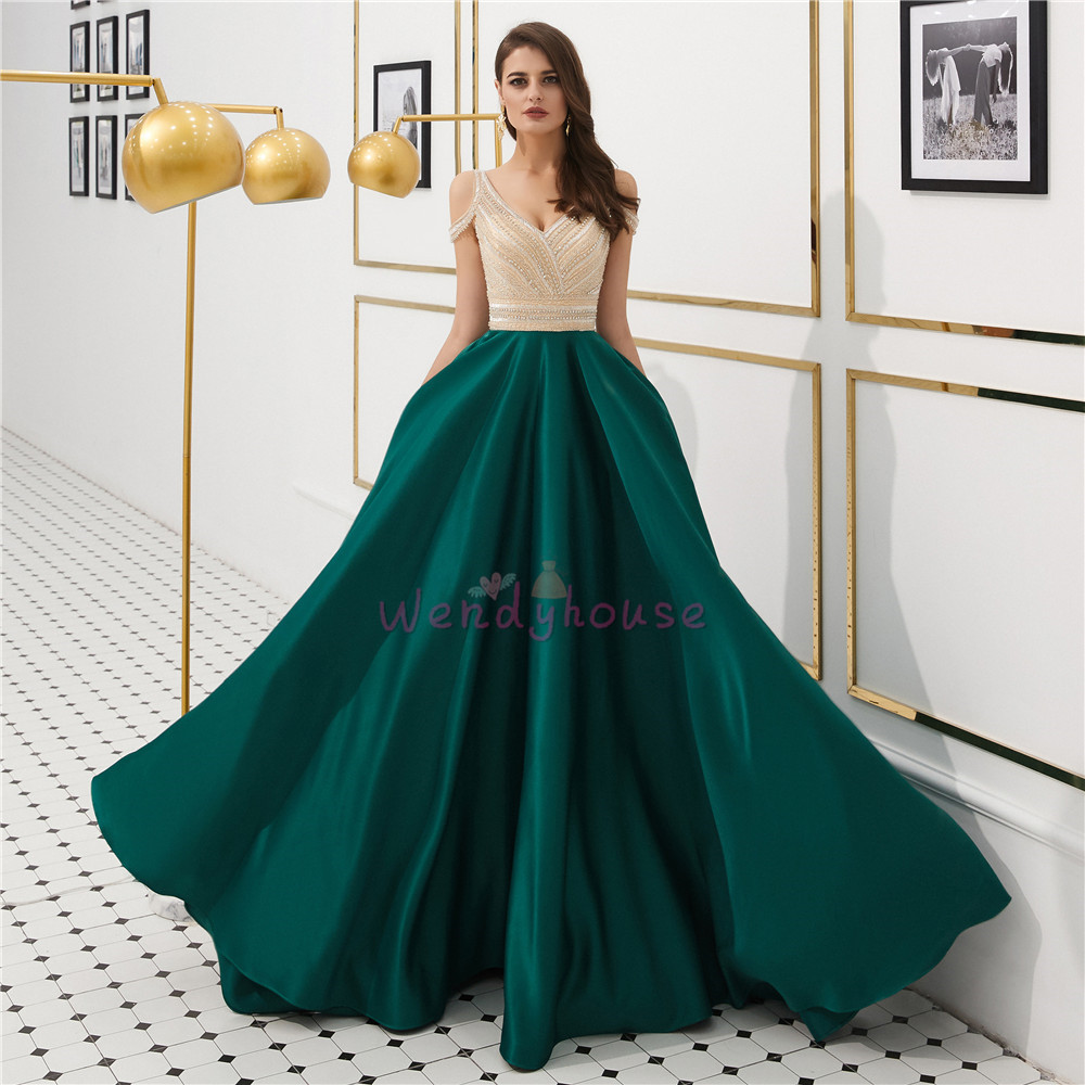 Gorgeous Beaded Green Long Prom Gown With Cold Sleeves