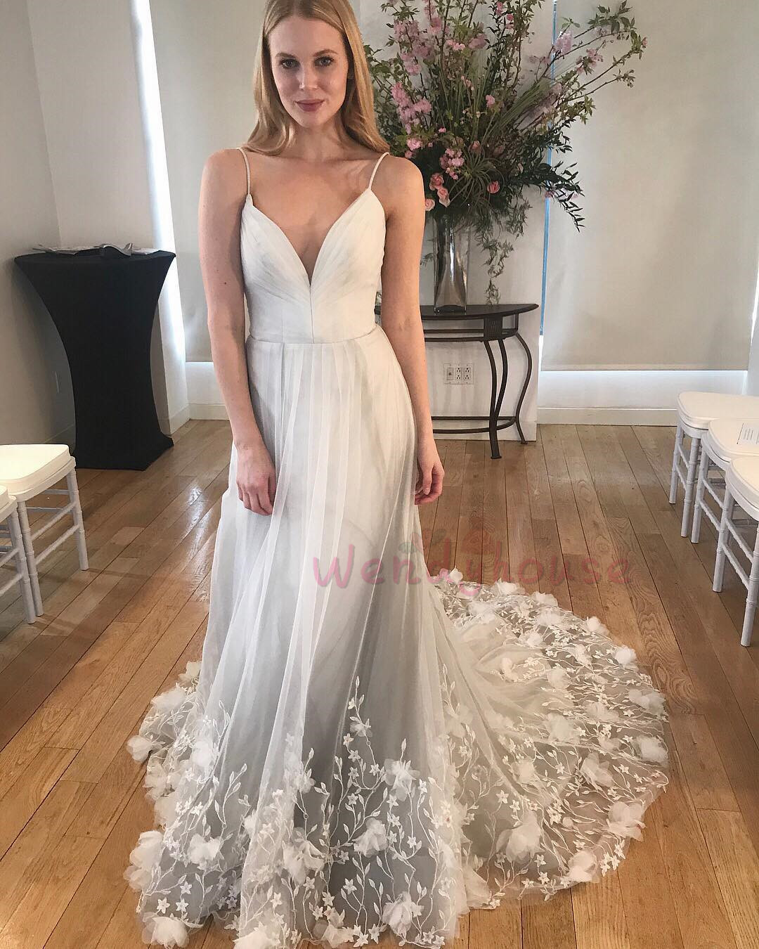 Straps Floral Appliqued Embroidery Long Bridal Gown