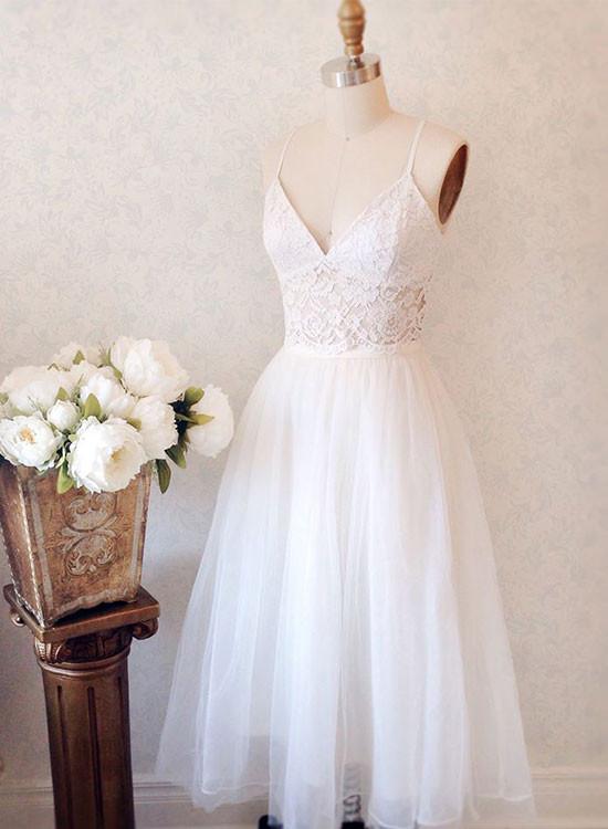 White Lace V Neck Short Prom Dress, Homecoming Dress on Luulla