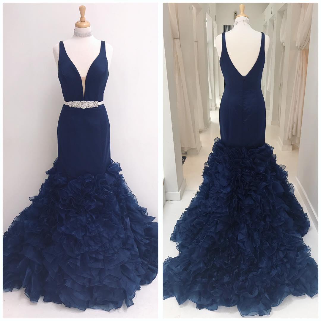 Mermaid V Neck Blue Satin Prom Dress LBQ2564
