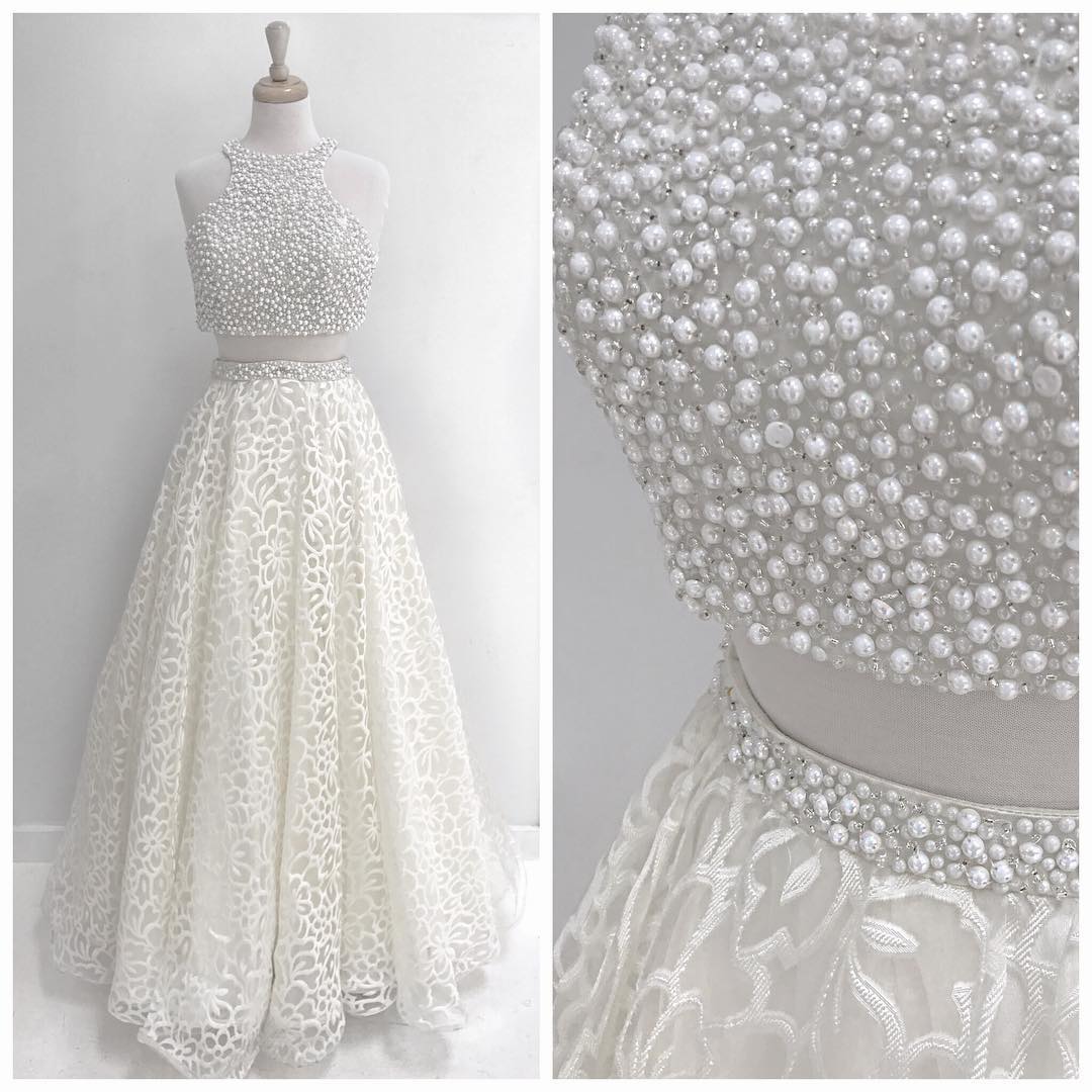 Two Piece White Long Prom Dress With Pearls on Luulla