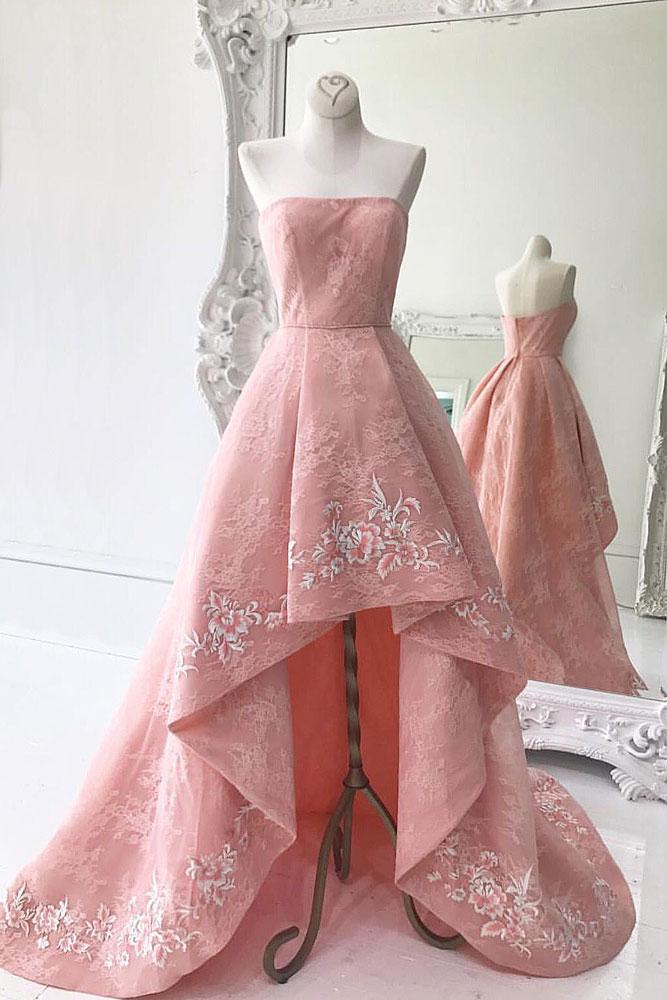 Strapless High Low Pink Lace Long Prom Dress Graduation Dress On Luulla